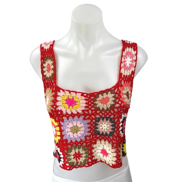 Red Crochet Granny Floral Hollow Out Festival Boho Square Crop Tank Top Size M - Picture 1 of 3